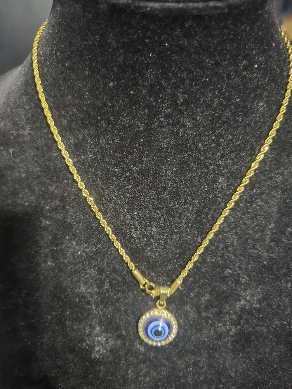 Gold Tone Rope Chain Necklace with Blue Evil Eye Pendant